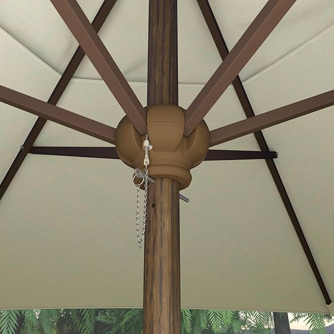 9' Rd Faux-Wood Market Patio Umbrella with Push Open Pin Stop, Antique Beige
