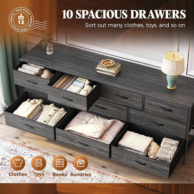 Huuger 63 Inch Dresser for Bedroom, Long Dresser with 10 Fabric Drawers, Large TV Stand for 55, 65, 70 Inch TV, Toy Storage Organizer for Closet, Charcoal Black Wood Grain Print