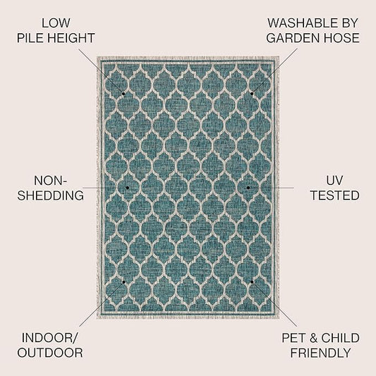 JONATHAN Y Moroccan Trellis Indoor Outdoor Round Area Rug 4 Ft Teal/Gray, Trebol Textured Weave for Backyard, Patio, Porch, Easy-Cleaning, High Traffic, Pet-Friendly, Non-Shedding (SMB109E-4R)