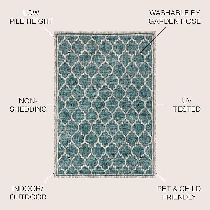 JONATHAN Y Moroccan Trellis Indoor Outdoor Square Area Rug 9X9 Teal/Gray, Trebol Textured Weave for Backyard, Patio, Porch, Easy-Cleaning, High Traffic, Pet-Friendly, Non-Shedding (SMB109E-9SQ)