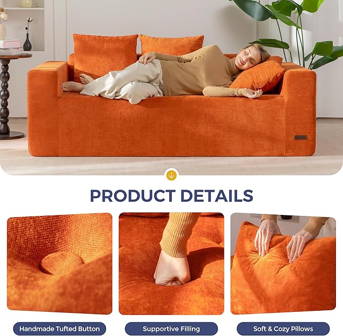 MAXYOYO Modular Sofa Couch, 75" Oversized Loveseat Boneless Cloud Couch with Deep Seat, Chenille Upholstered Living Room Sleeper Sofa Chair for Living Room, No Assembly Required, Orange