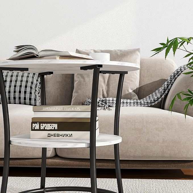 BOFENG Round Coffee Table,2-Tier Center Table with Storage Shelf for Living Room,White Coffee Tables with Sturdy Metal Frame,Sofa Table for Home Office, Easy Assembly