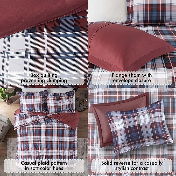 Madison Park Essentials Parkston Plaid Comforter, Matching Sham, 3M Scotchguard Stain Release Cover, Hypoallergenic All Season Bedding-Set, Full/Queen, Red, 3 Piece