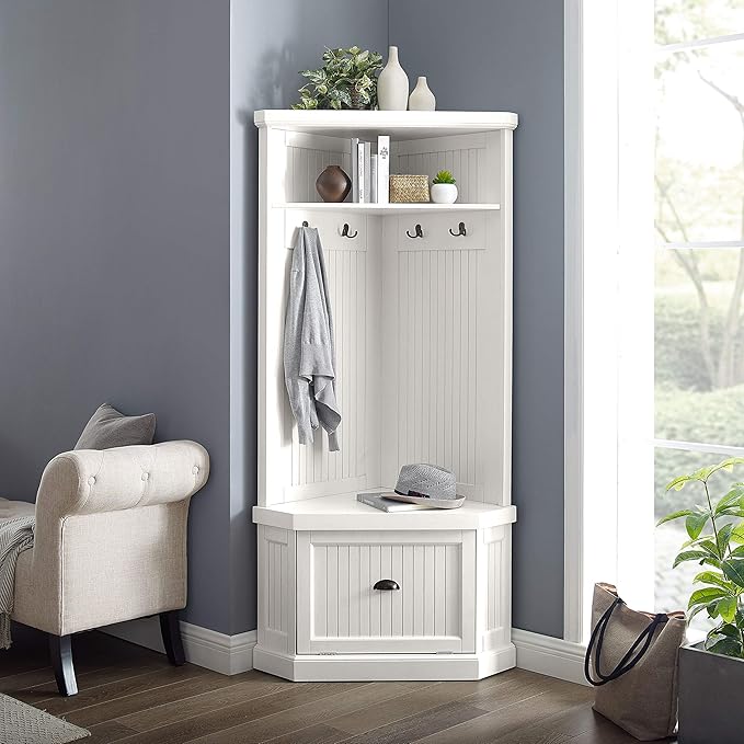 Crosley Furniture Seaside Corner Hall Tree with Shoe Rack Bench and Coat Hooks for Hanging Storage, Distressed White