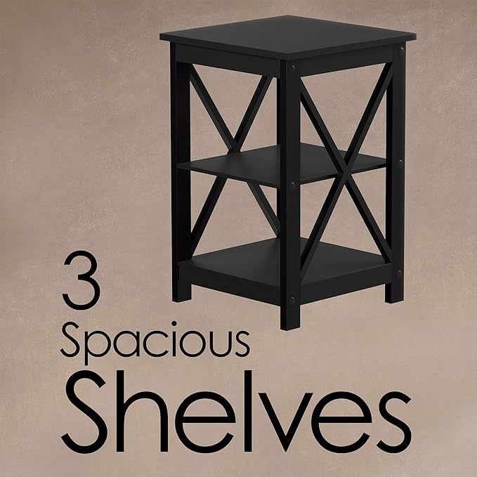 Wooden End Table - Modern Style Sofa Side Table with X-Shape Design and Two Shelves - For Living Room or Bedroom by Lavish Home (Black)