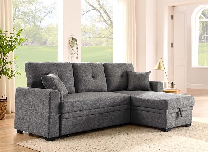 ERYE 76.5-inch Pull Out Sleeper Couch Bed, L-Shaped Reversible Sleeper Sectional Sofa Polyester Blend Tufted Upholstered Corner Convertible Sofa Bed with Storage Chaise