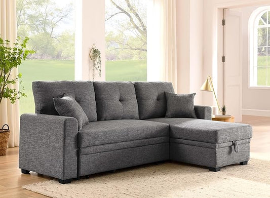 ERYE 76.5-inch Pull Out Sleeper Couch Bed, L-Shaped Reversible Sleeper Sectional Sofa Polyester Blend Tufted Upholstered Corner Convertible Sofa Bed with Storage Chaise