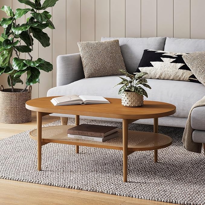 Sonia Bohemian 2-Tier Oval Coffee Table, Living Room Cane Table with Storage Shelf and Mid-Century Legs in Honey Brown Wood with Rattan Accent