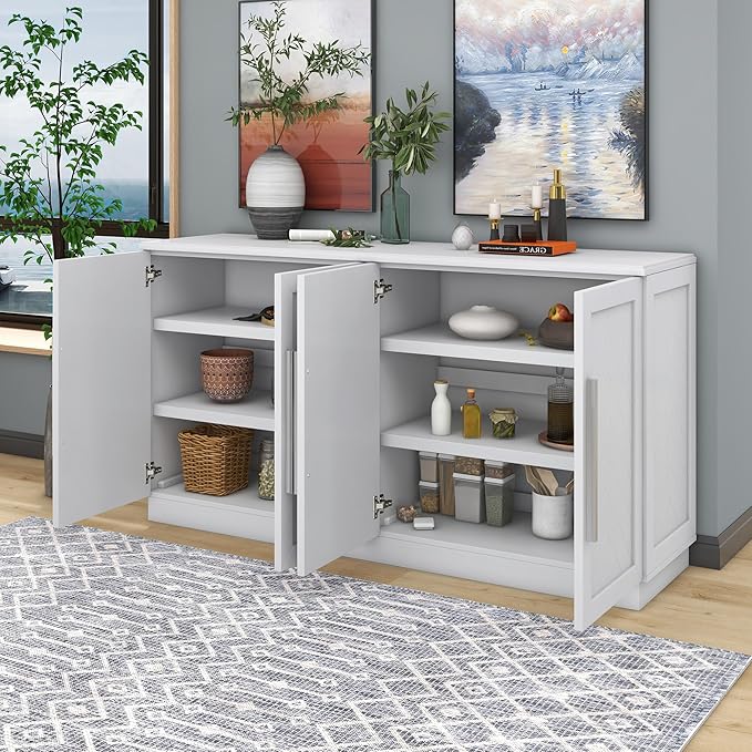 Ball & Cast 60.1" Sideboard Buffet Cabinet with Storage,Modern Coffee Bar Cabinet with 4 Doors and Adjustable Shelves,Wood Side Board Table with Silver Handles for Living Room,White