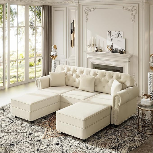 KEIKI 83" Velvet Chesterfield Sofa with Rolled Arms & Nailhead Trim & 2 Ottoman, Modern 3-Seater Button Tufted Couch with High Resilience Cushion & 3 Pillow, Easy Assembly, for Living Room, White