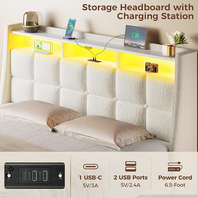Rolanstar Full Size Bed Frame with LED Lights and Charging Station, Upholstered Bed Storage Headboard & Drawers, Heavy Duty Wood Slats, Easy Assembly, White