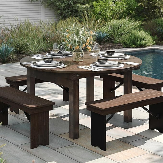 Flash Furniture Hercules Commercial Round Farmhouse Folding Table, Antique Rustic Solid Pine Dining Room Table, Foldable Locking Legs, 60" Diameter, Mahogany