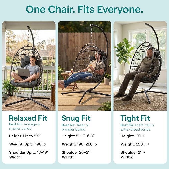 SereneLife Hanging Egg Chair with Stand - Wicker Rattan Outdoor Swing Chair, Powder-Coated Steel Frame, Padded Cushion & Headrest - Ideal Swinging Chair for Bedroom, Patio, Backyard - 350 lbs Load