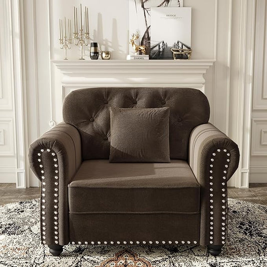 KEIKI 41" Velvet Chesterfield Sofa with Rolled Arms & Nailhead Trim, Modern Upholstered 1-Seater Button Tufted Couch with High Resilience Cushion & 1 Pillow, Easy Assembly, for Living Room, Brown