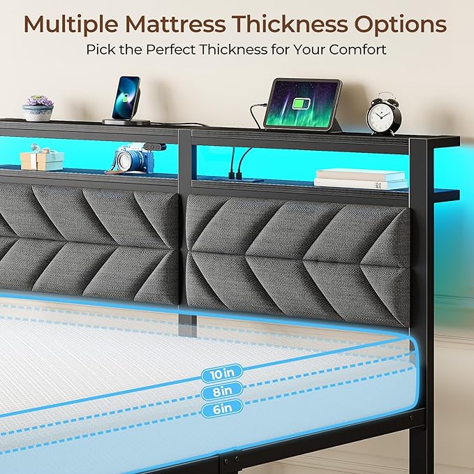 Seventable Full Size Bed Frame with 8 Inch Gel Memory Foam Mattress, LED Metal Platform Bed with USB Charging & Storage Headboard, Grey, CertiPUR-US Certified Mattress
