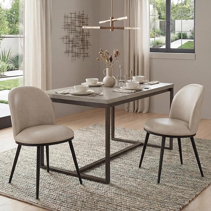 Dining Chairs Set of 2, Faux Leather Upholstered Dining Room Chairs with Ergonomic Backrest & Metal Legs, Modern Kitchen Side Chairs for Home, Restaurant, and Café, Beige