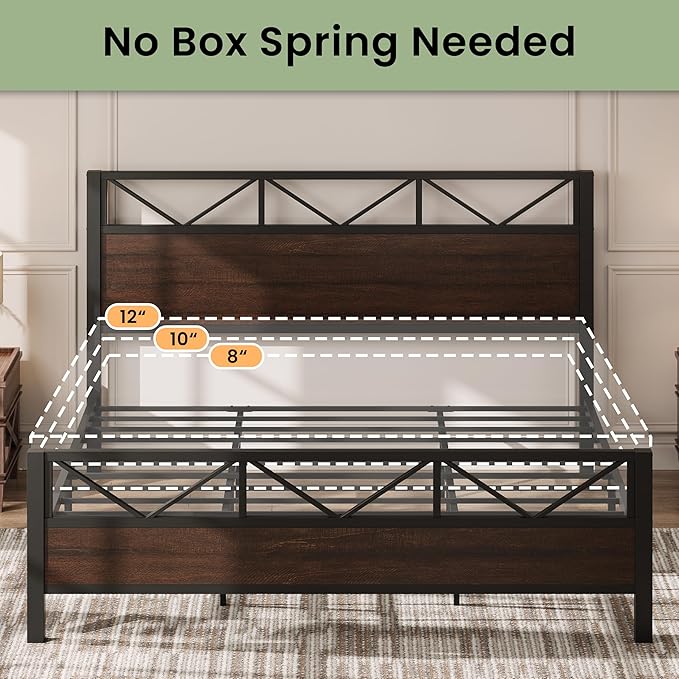 LIKIMIO King Bed Frame, Tall Industrial Headboard 51.2 ", Platform Bed Frame with Strong Metal Support, Solid and Stable, Noise Free, No Box Spring Needed, Easy Assembly, Dark Brown