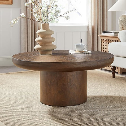 Eafurn 35.98inch Round Wood Coffee Table with Cylindrical Leg, Farmhouse Cocktail Solid Circle Center Wooden Table, Brown Walnut Tabletop & Legs