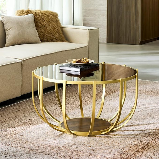 Saint Mossi Glass Round Coffee Table for Living Room, Modern 2-Tier Gold Drum Center Table, Brown Glass Top, Walnut Shelf with Gold Finish Legs & Frame, W30xH16.5