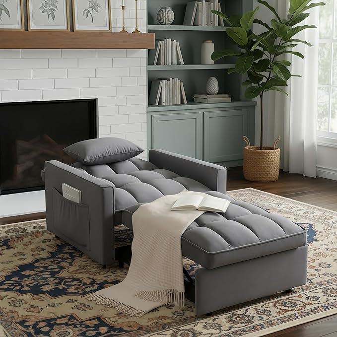 Sleeper Chair, Pull Out Chair Sleeper with Adjustable Back & Pocket, Convertible Chairs Bed Sleepers for Adults, 3 in 1 Sofa Bed Chairs for Small Spaces, Living Room, Gray