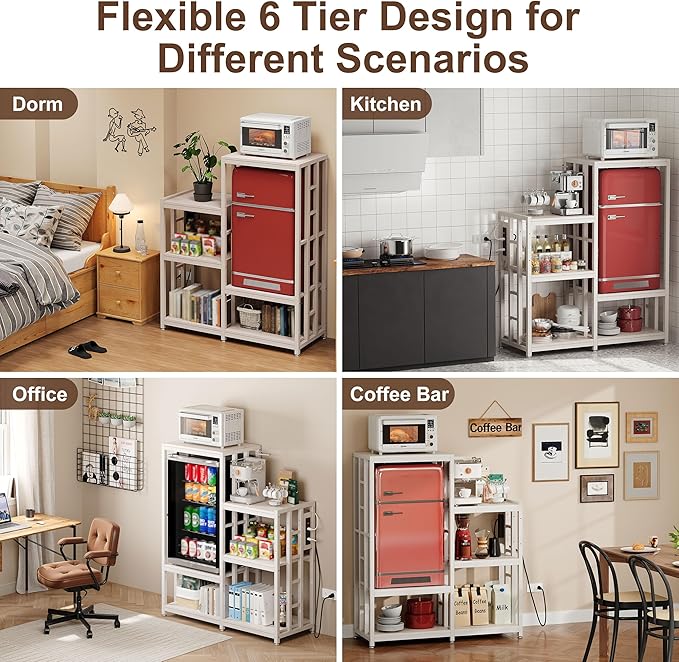 Mini Fridge Stand Coffee Bar Cabinet Station With Small Refrigerator Insert Storage Space, Shelf Organizer For Dorm Microwave To Sit, White Baker Rack With Power Outlet, Big Table To Go Over Fridge