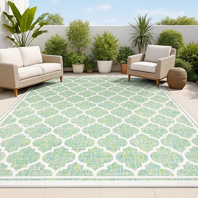 JONATHAN Y Moroccan Trellis Indoor Outdoor Area Rug 8X10 Cream/Green, Trebol Textured Weave for Backyard, Patio, Porch, Easy-Cleaning, High Traffic, Pet-Friendly, Non-Shedding (SMB109I-8)