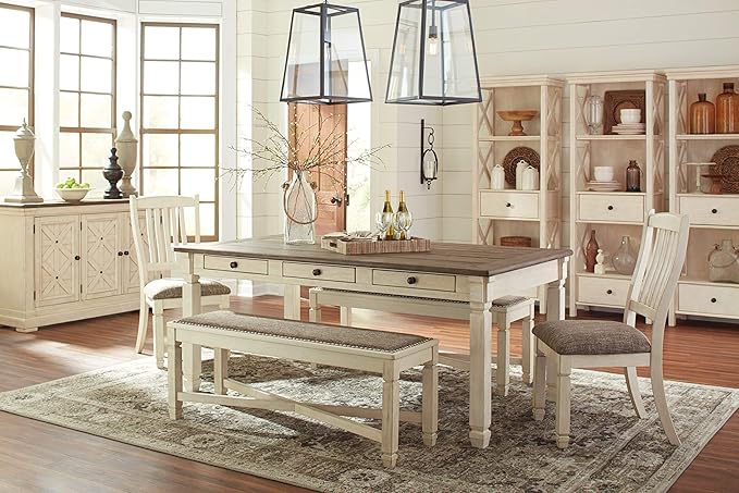 Signature Design by Ashley Bolanburg Farmhouse Rectangular Dining Table, 3 Drawers On Each Side, Seats 6, Wood, 71.88" W x 39.88" D x 31.13" H, Whitewash
