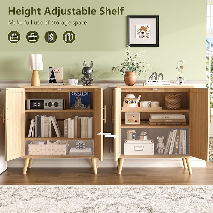 2 Pack 15.7" D Rattan Buffet Cabinet with Storage, Buffet Sideboard with Adjustable Shelf and Solid Wood Legs, Floor Storage Cabinet with Doors, Coffee Bar for Kitchen, Living Room, Natural