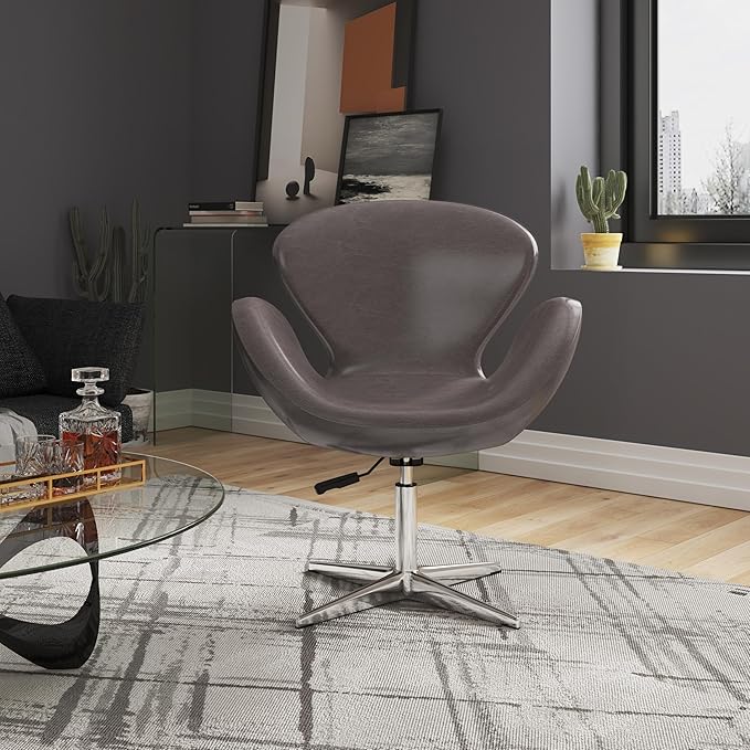 Manhattan Comfort Raspberry Adjustable Swivel Accent Chair with 360° Turn, Polished Chrome Base, Modern Retro Design, Versatile Seat Ideal for Any Room, Set of 1, Pebble