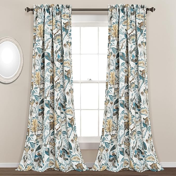 Lush Decor Cynthia Jacobean Light Filtering Window Curtain Panel Pair, 95" x 52" + 2" Header, Turquoise/Neutral