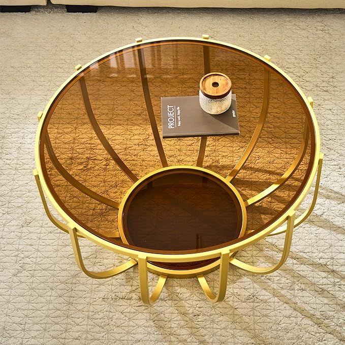 Saint Mossi Glass Round Coffee Table for Living Room, Modern 2-Tier Gold Drum Center Table, Brown Glass Top, Glass Shelf with Gold Finish Legs & Frame, W30xH16.5
