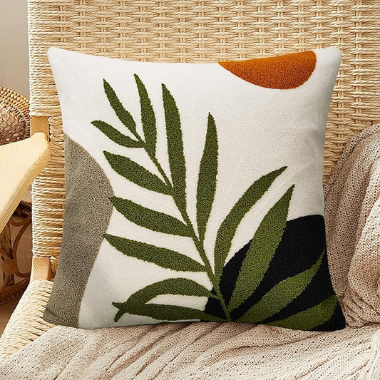 Merrycolor Boho Decorative Throw Pillow Covers 18x18 Tufted Green Decorative Pillows Covers Sun Leaf Mid Century Modern Throw Pillows for Bed Couch Sofa Living Room 1PC(Black and Green)