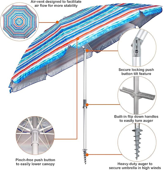 Blissun 7.2' Beach Umbrella with Sand Anchor, Outdoor Portable Beach Umbrella for Sand with Tilt Pole, Carry Bag, Air Vent