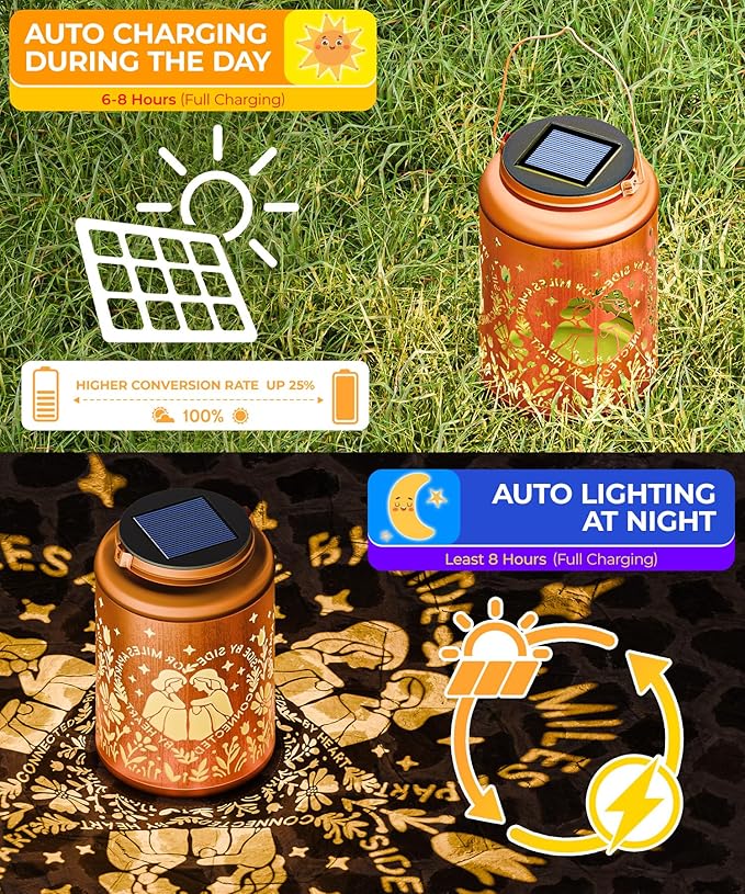 Solar Lanterns Outdoor Waterproof Decorative Garden Solar Lights Outdoor,Hanging Hollow Out Metal Ornaments Decor for Outside Lawn,Patio,Balcony,Yard Unique Gifts for Women Best Sister