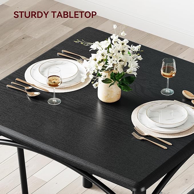 3-Piece Dining Table Set for 2, Kitchen Table Set with 2 Upholstered Chairs, Square Dining Table Set for Apartment, Studio, Small Space, Black