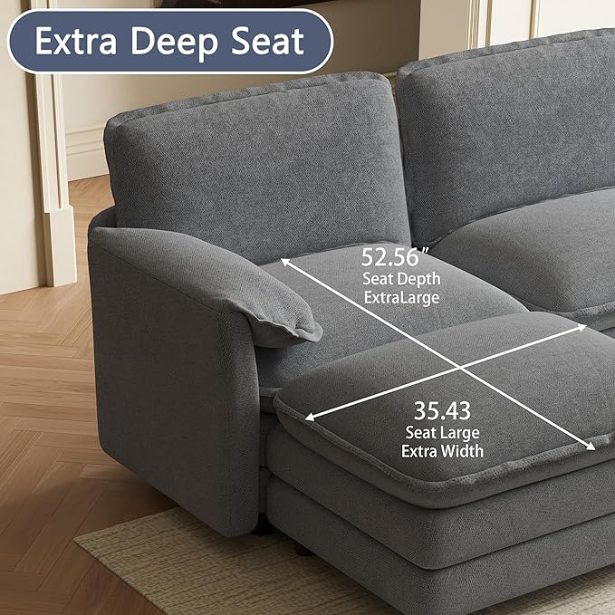 114" U Shaped Cloud Couch Sectionals Comfy Grey Sectional Couches for Living Room Modern Fluffy Oversized Modular Sofas with Ottoman, Chenille Large Big 5 Seat Sofa Set