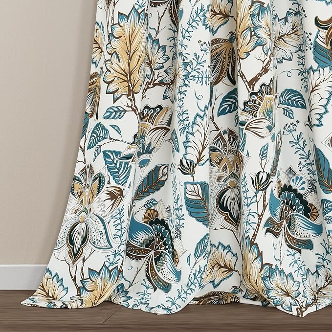 Lush Decor Cynthia Jacobean Light Filtering Window Curtain Panel Pair, 84" x 52" + 2" Header, Turquoise/Neutral