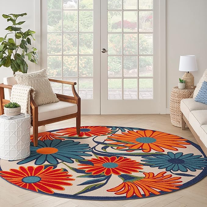 Nourison Home Aloha Multicolor 4' x Round Area Rug - Easy Clean, Non Shedding, Bed Room, Living Room, Dining Room, Kitchen (4' x Round)