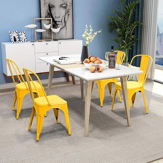 Devoko Metal Indoor-Outdoor Chairs Distressed Style Kitchen Dining Chairs Stackable Side Chair with Back Set of 4 (Yellow)
