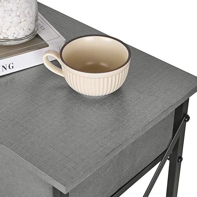 VECELO Nightstand Set of 2, X-Design End Side Table with Fabric Storage Drawer and Open Shelf, Bedside Night Stand with Steel Frame for Bedroom, Living Room,Dorm, Easy Assembly,Hemp Gray