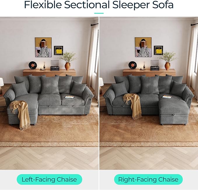 LINSY HOME 90.5'' Sectional Sleeper Sofa with Pull Out Couch Bed Modular (Gray, 90.5'') | USB Charging, Pillow-style Armrest, Multiple Cushions, Storage Chaise, Corduroy Fabric