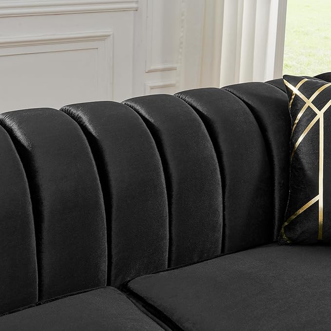 KEIKI 2-Piece Luxury Chesterfield Sofa Set with 2 Oversized Velvet 3-Seater Sofa, Upholstered Modern 6-Seater Button Tufted Couch Set with 4 Pillow, Gold Stainless Decoration, for Living Room, Black