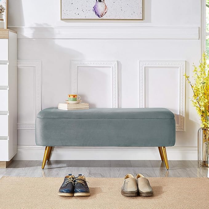 Ball & Cast Upholstered Velvet Storage Bench 44"W x 16"D x 18"H Grey,Golden Powder Coating Legs Set of 1