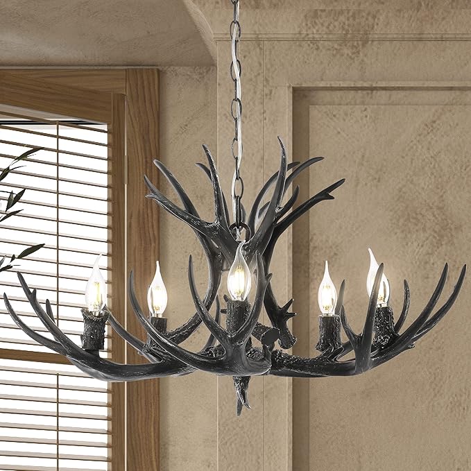 JONATHAN Y 26" Black Rustic Resin Antler 4-Light LED Chandelier, Farmhouse Faux Deer Horn Hanging Ceiling Light for Dining Room, Kitchen Island, Adjustable Light Fixture (JYL6300C)