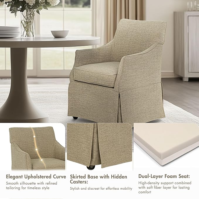 Martha Stewart London Dining Chair - Solid Wood & Plywood, Skirted Metal Base Accent Armchair, Lumbar Pillow -Modern Classic Family Dining Room Furniture 25" W x 26" D x 34" H, Beige