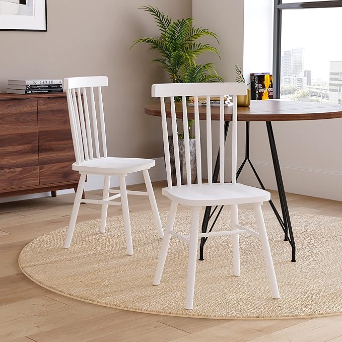 Taylor & Logan Ingrid Set of 2 Commercial Grade Windsor Dining Chairs, Solid Wood Armless Spindle Back Restaurant Dining Chairs in White