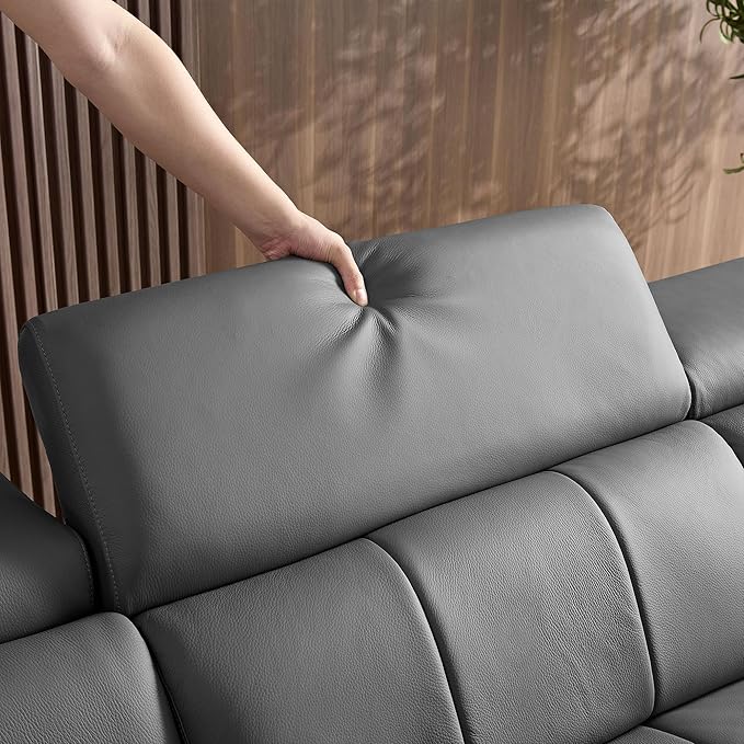 KEIKI 113" L-Shaped Genuine Leather Wall-Hugger Reclining Sofa with Right Chaise, Adjustable Backrest & Footrest, Modern Electric Control 3-Seater Couch with USB, for Living Room, Dark Grey