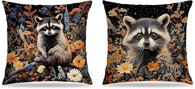 William Morris Inspired-Moody Floral Raccoon Pillow Covers 18x18 Set of 2, Raccoon Lover Gifts, Dark Wildflower Botanical Trash Panda Wildlife Decor Pillow Covers for Home Living Room Bedroom