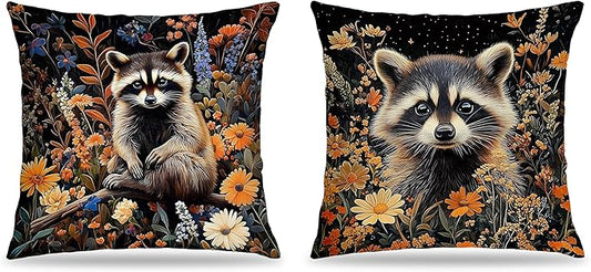 William Morris Inspired-Moody Floral Raccoon Pillow Covers 18x18 Set of 2, Raccoon Lover Gifts, Dark Wildflower Botanical Trash Panda Wildlife Decor Pillow Covers for Home Living Room Bedroom