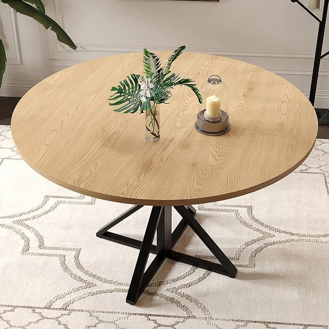 IDEALHOUSE 47 Inch Round Dining Table for 4, Farmhouse Kitchen Table with Metal K-Base, Oak Finish Circle Wood Table for Dining Room, Kitchen, Apartment & Living Room (Table Only)